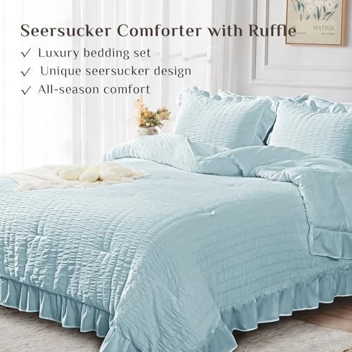 Comforter Set, 3 Pieces Seersucker Comforters Size, King Light Blue