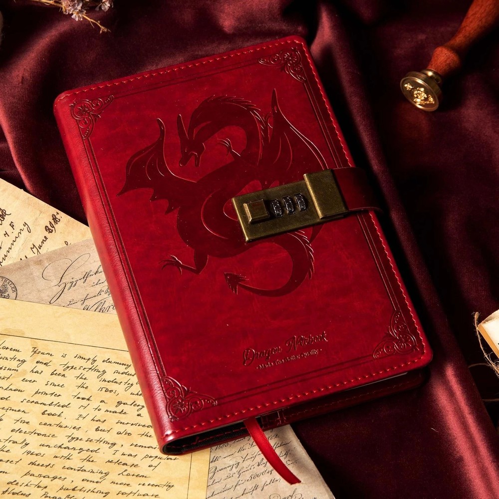 Dragon Leather Journal Notebook, Diary with Combination Lock, Lined/...