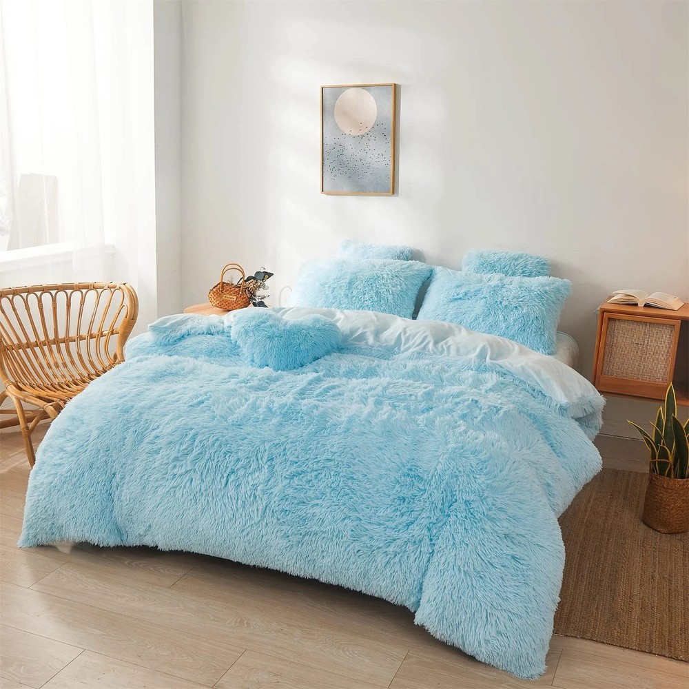 Fluffy Blue Comforter Cover Set Queen - Ultra Soft Plush Blue Bedding Sets 3 ...