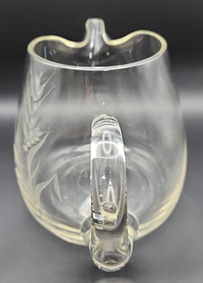 MCM Hand-Blown Etched Wheat Pattern Pinched "Ice Lip" Glass Pitcher Roly Poly