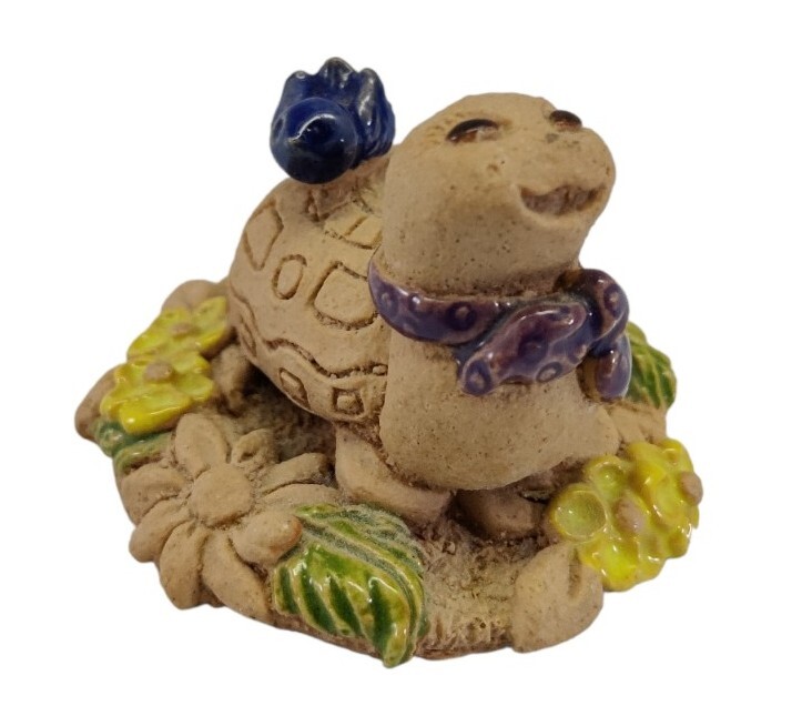 Miniature Clay Smiling Turtle Figurine Partially Glazed