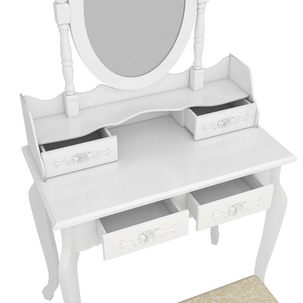 White Vanity Makeup Dressing Table Set w/Stool 4 Drawer&Mirror Jewelry Wood Desk