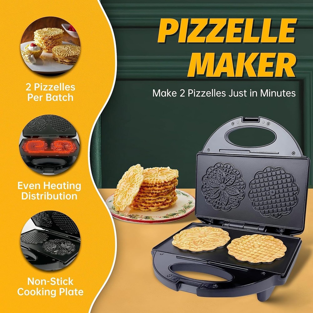 Pizzelle Maker with Non-Stick Coating, Electric Cookie Baker Black
