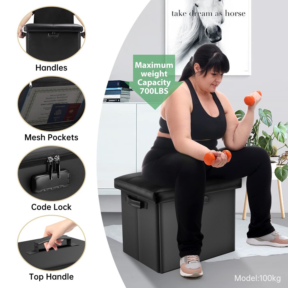 Storage Ottoman with Lock,Fireproof Folding Ottoman Foot Rest Stool Storage C...