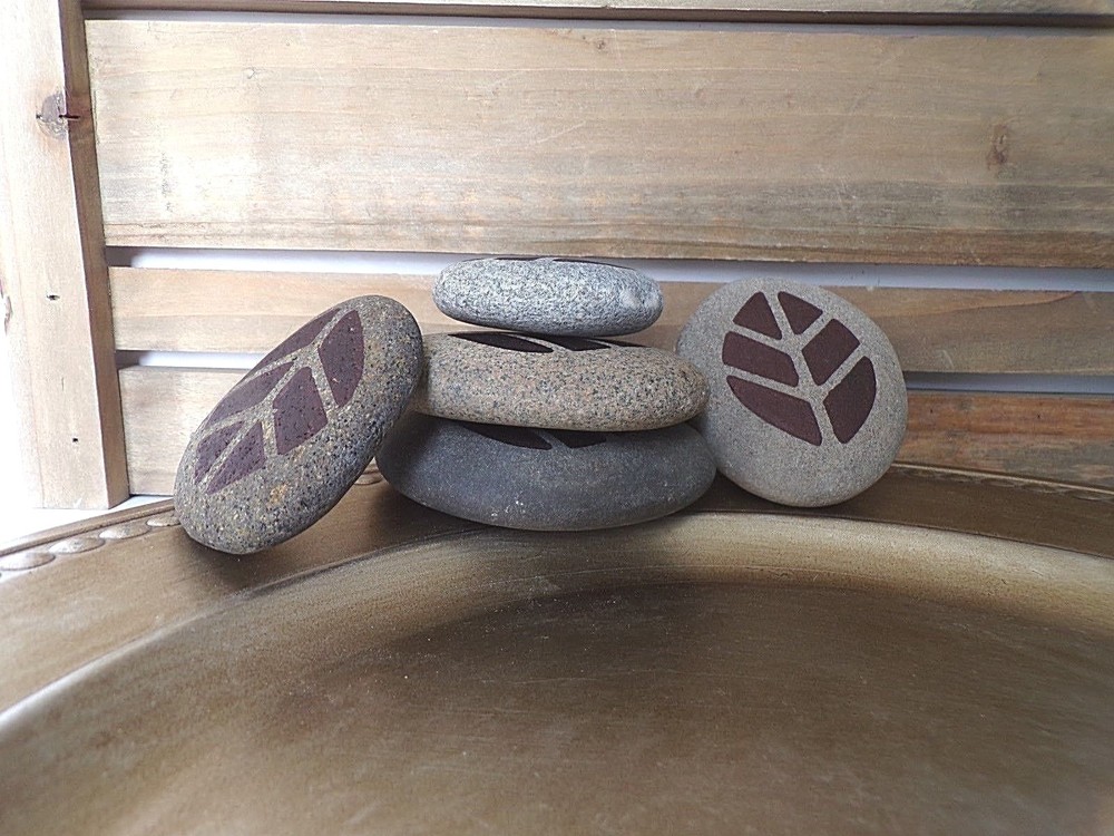 Stacking Rocks HAND PRINTED w LEAVES Stackable Natural Stacked Cairn Stones