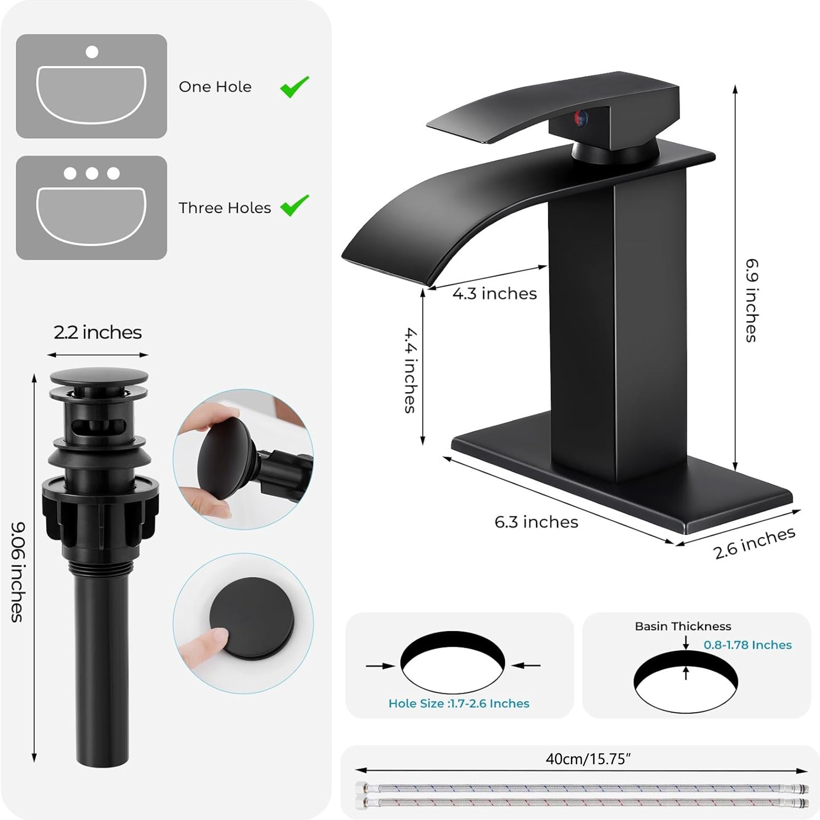 Black Modern Waterfall Bathroom Sink Vanity Faucet Single Handle Taps with Drain