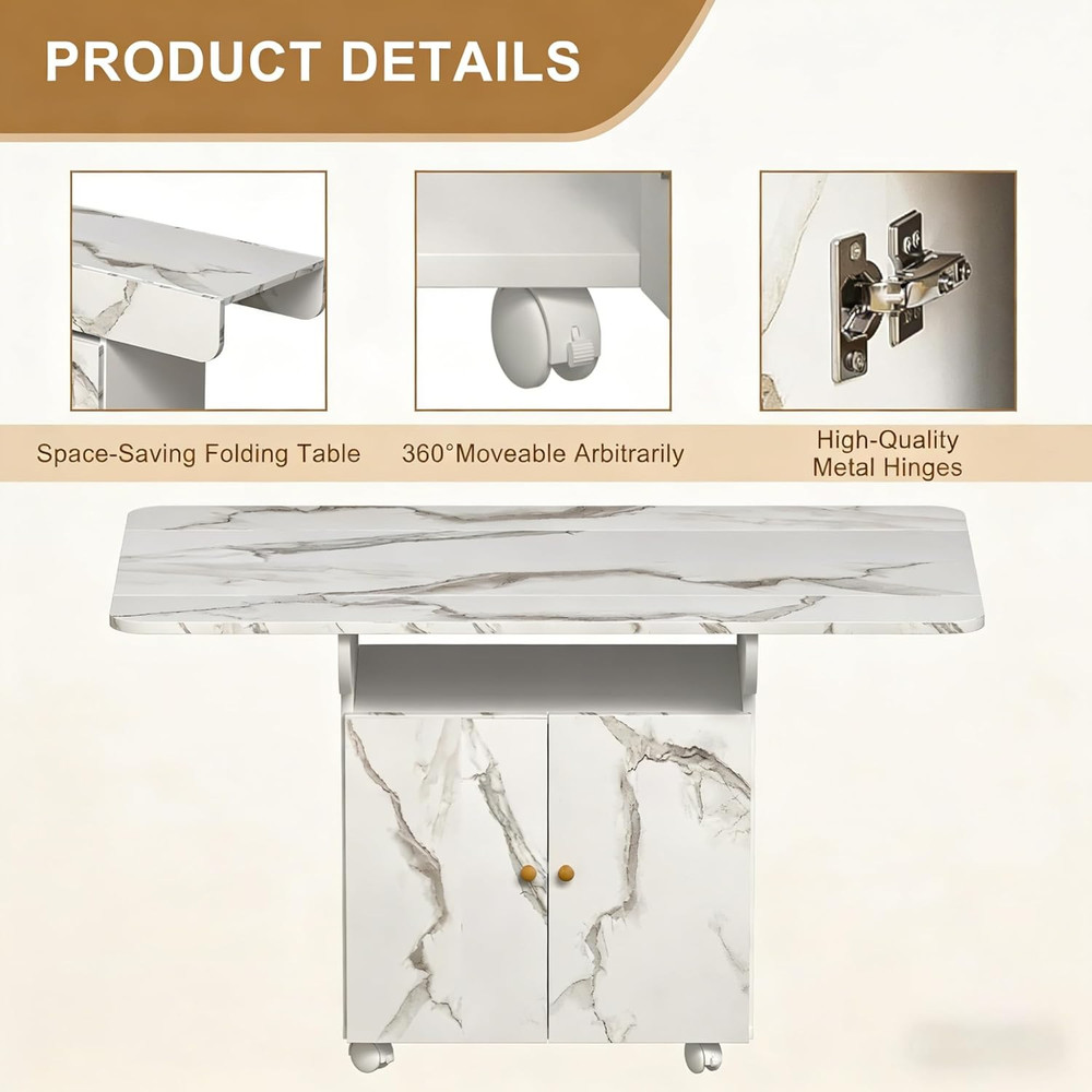 47" Rolling Kitchen Island with Storage & Drop Leaf - White Marble Top