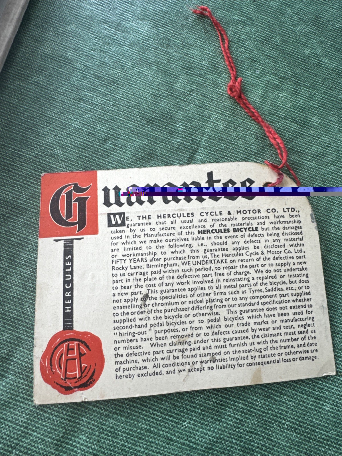 Vintage Bicycle Hercules Original Guarantee Tag For New Bicycle