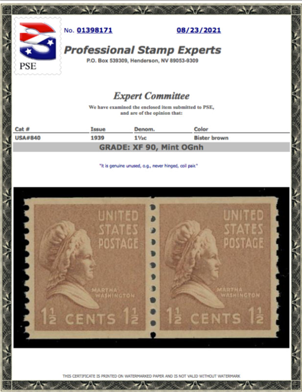 #840 MNH Coil Pair, PSE Graded 90, Cert # 01398171