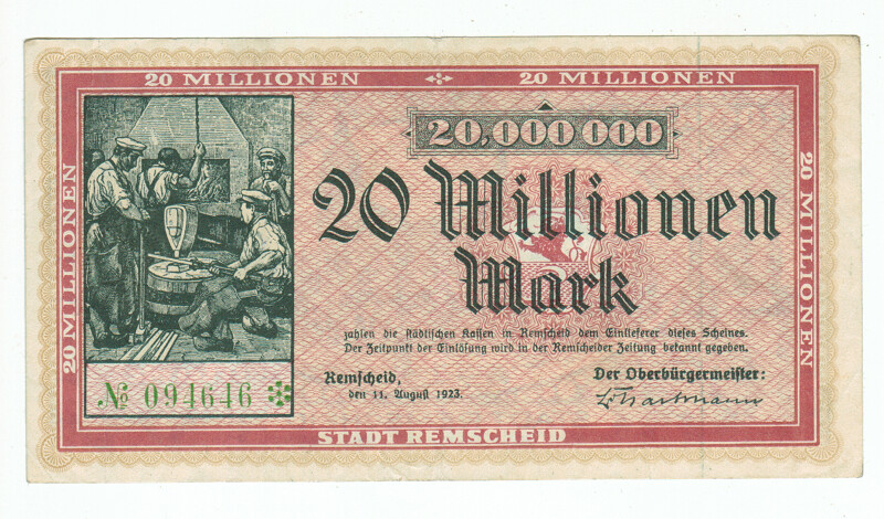 GERMANY BANKNOTE 20 MILLION MARK REMSCHEID 1923