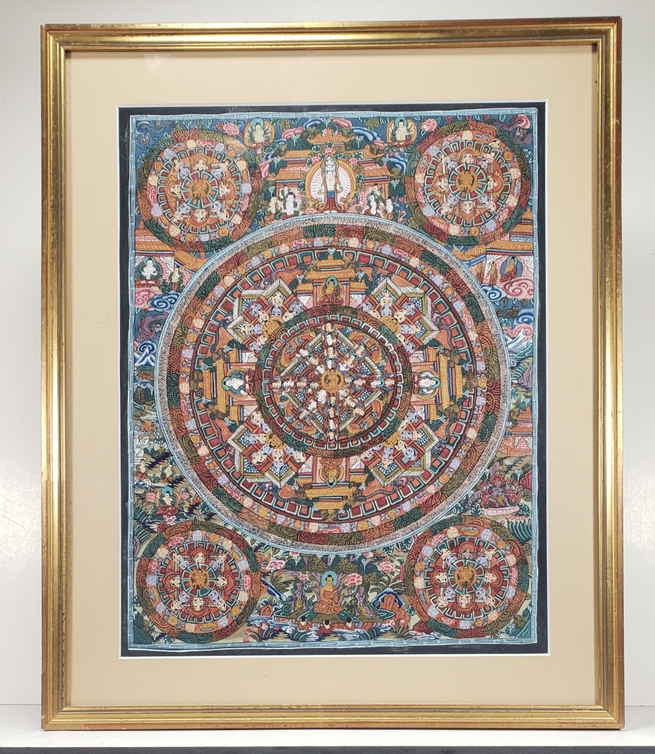 Vintage Hand Painted Tibetan Buddhist Mandala Thangka Framed 16 x 19” VF+
