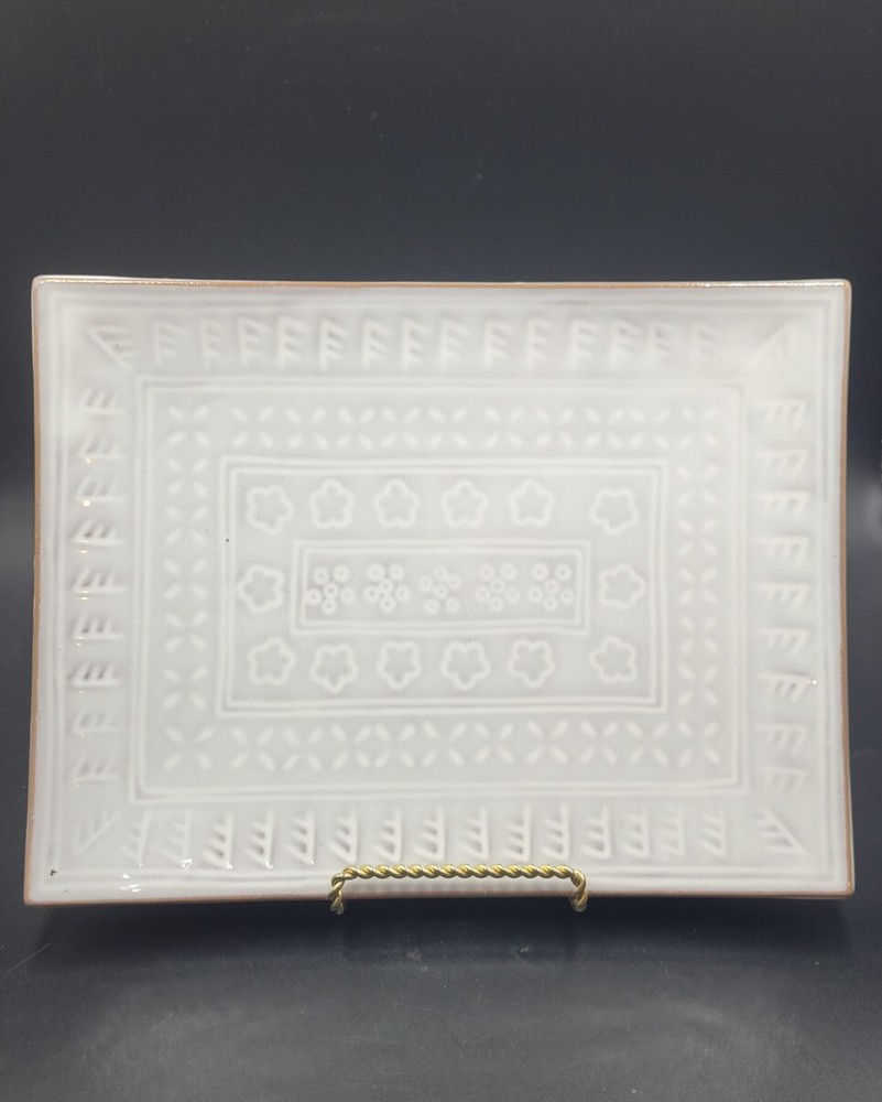 Patterned Stoneware Pottery Trinket Tray Dish White Floral Marked