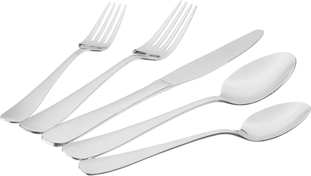 Amazon Basics Silverware Set, Stainless Steel Flatware, Dishwasher Safe, Service
