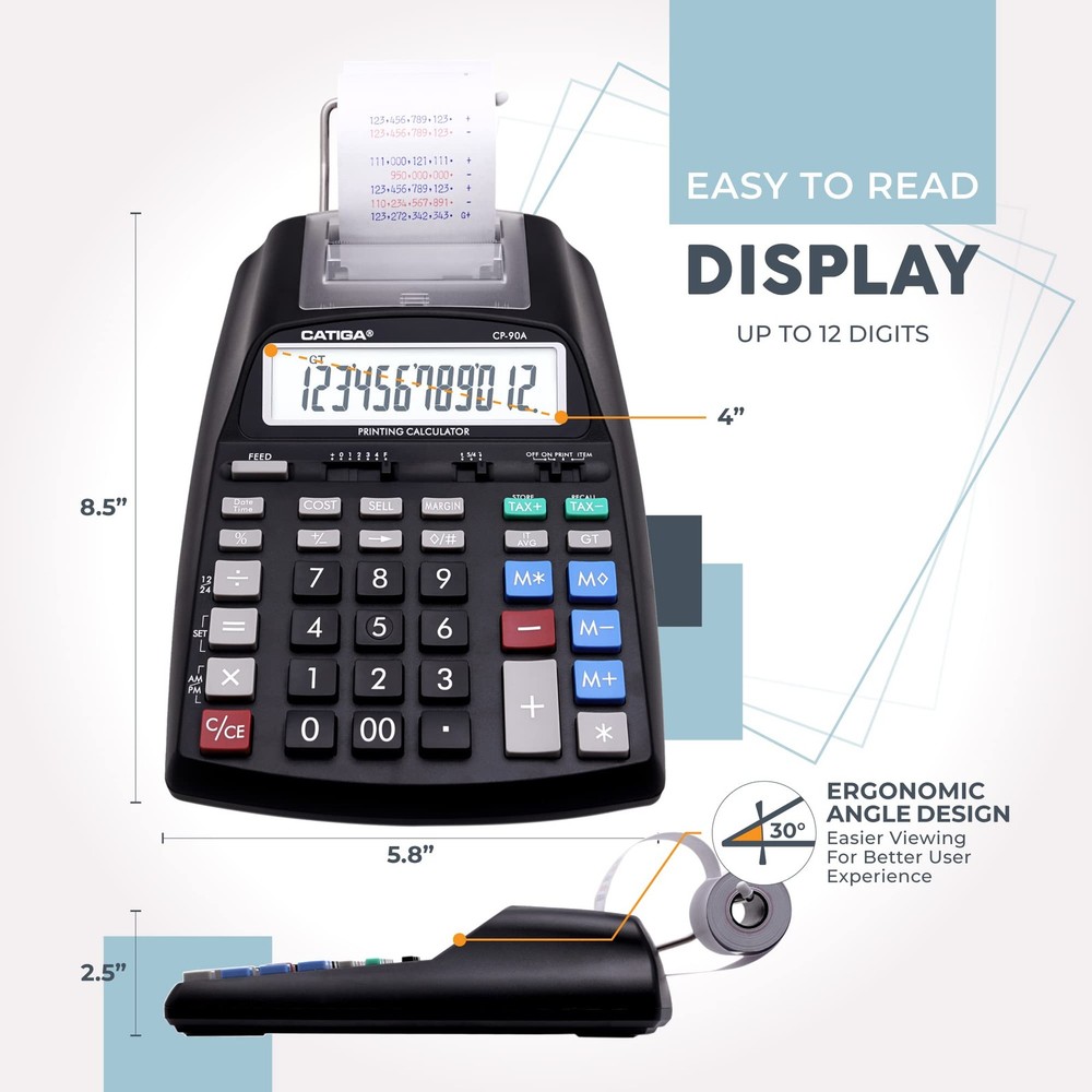 Black Adding Machine with 2 Color Printer Easy Load Ergonomic Design