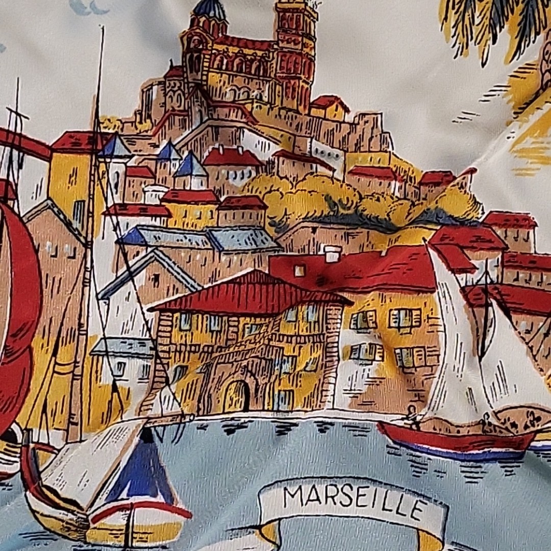 Vtg 50s/60s Côte d'Azur Silk Souvenir Scarf - French Riviera Map Mermaid 30"