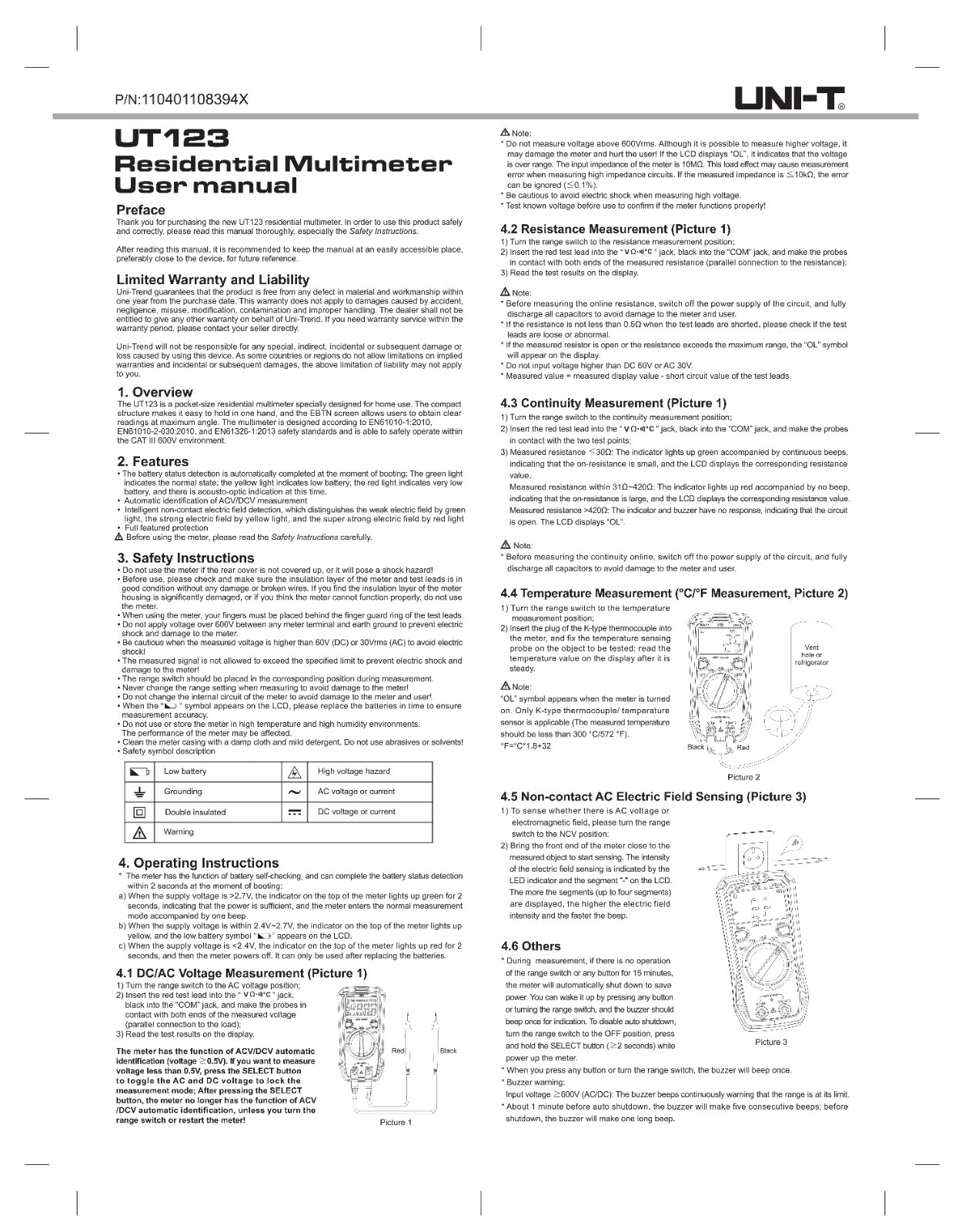 UNI-T Mini Digital multimeter AC DC Voltmeter Ohmmeter Temperature NCV Test EBTN