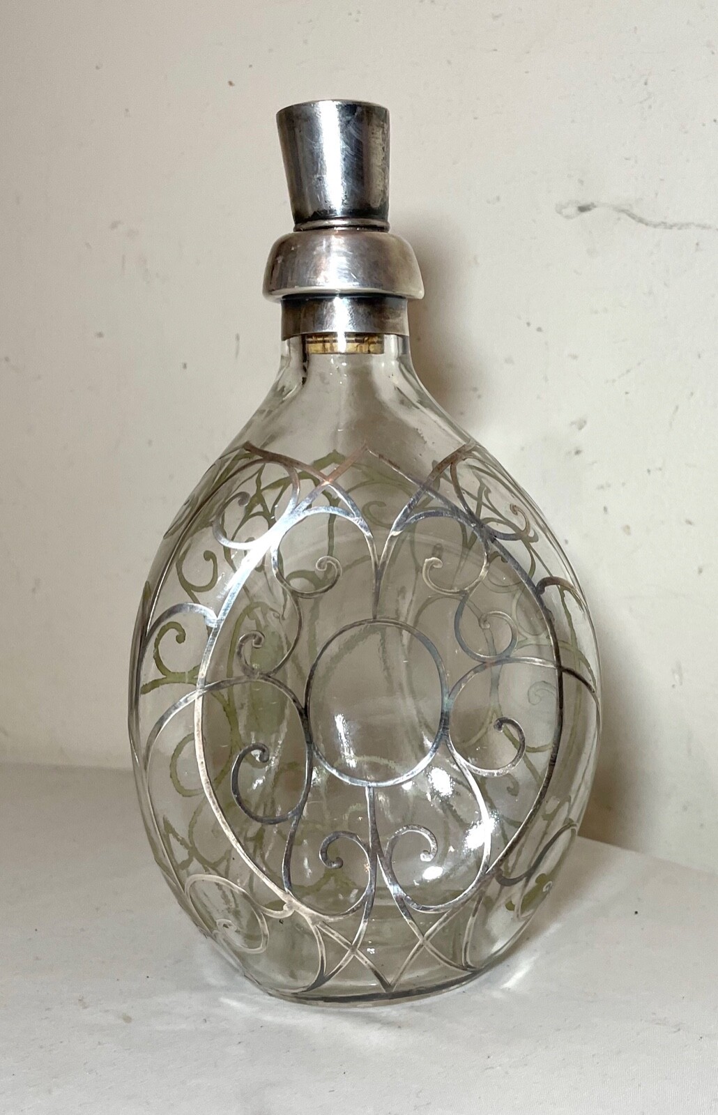 antique ornate sterling silver overlay glass liquor claret decanter bottle jar
