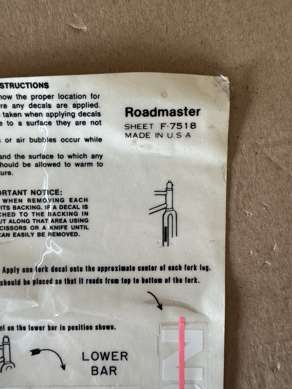 Roadmaster Falcon BMX Bicycle Tube And Fork Decals Sheet F-7518 1980’s