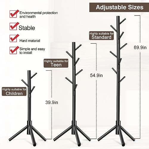 Coat Rack, Freestanding Coat Rack with 8 Hooks and 3 Adjustable Size Tree Black