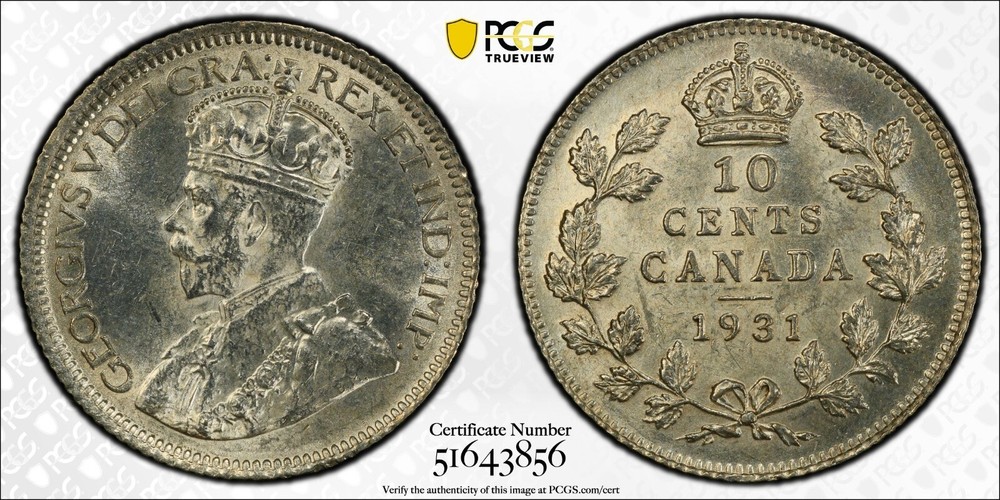 1931 Canada 10 Cent - PCGS Uncirculated MS 62