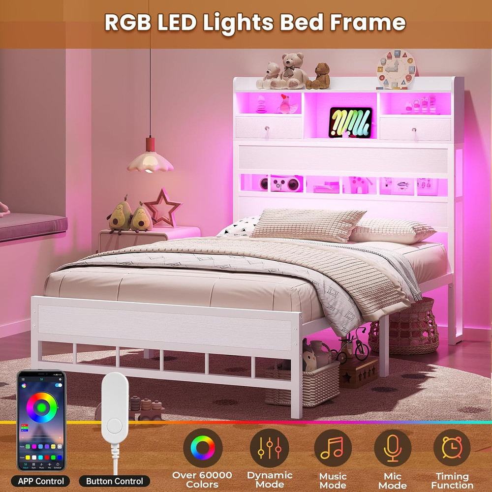 BTHFST Twin Bed Frames with Headboard & Charging Station, LED Bed Frame Twin wit