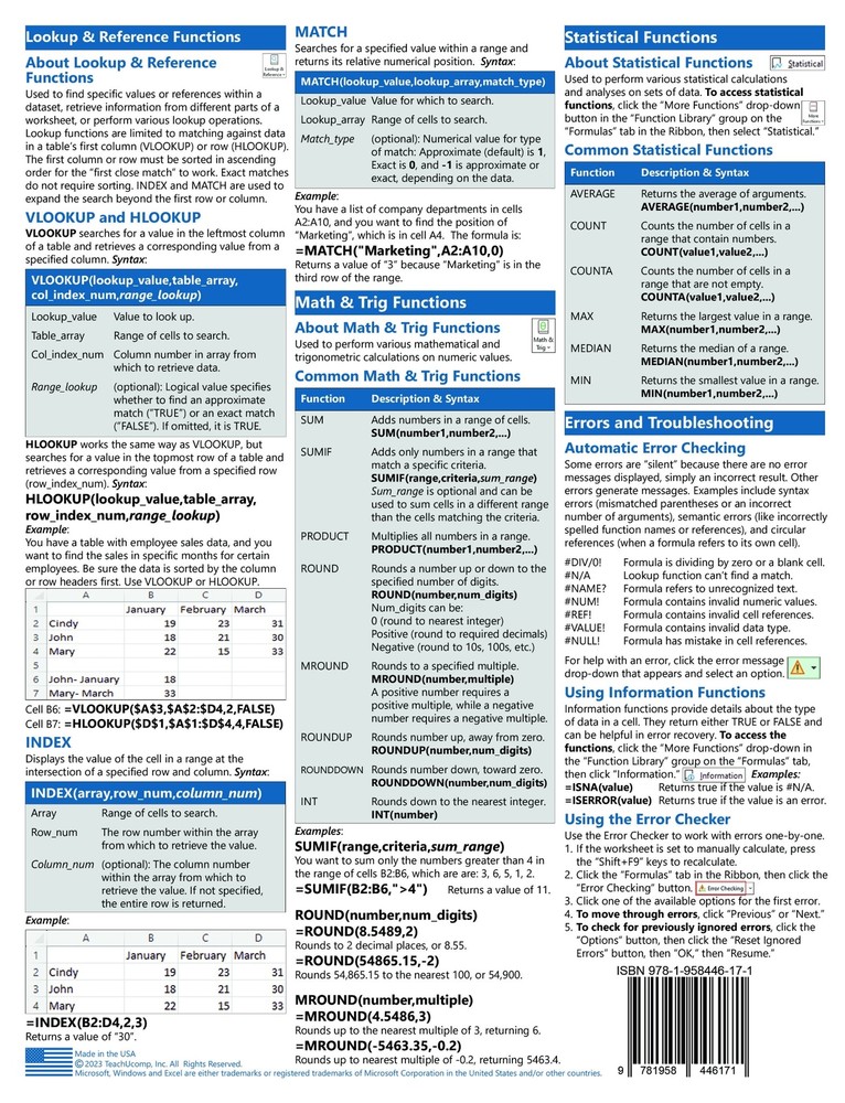 Microsoft Excel Formulas and Functions Quick Reference Training Cheat Sheet