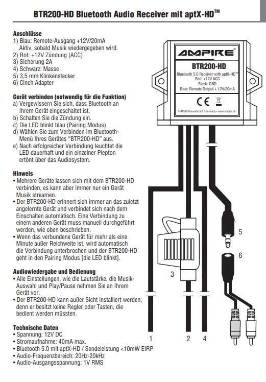 Bluetooth Audio Receiver Interface 3.5mm Jack RCA Adapter Vehicles 12 Volt