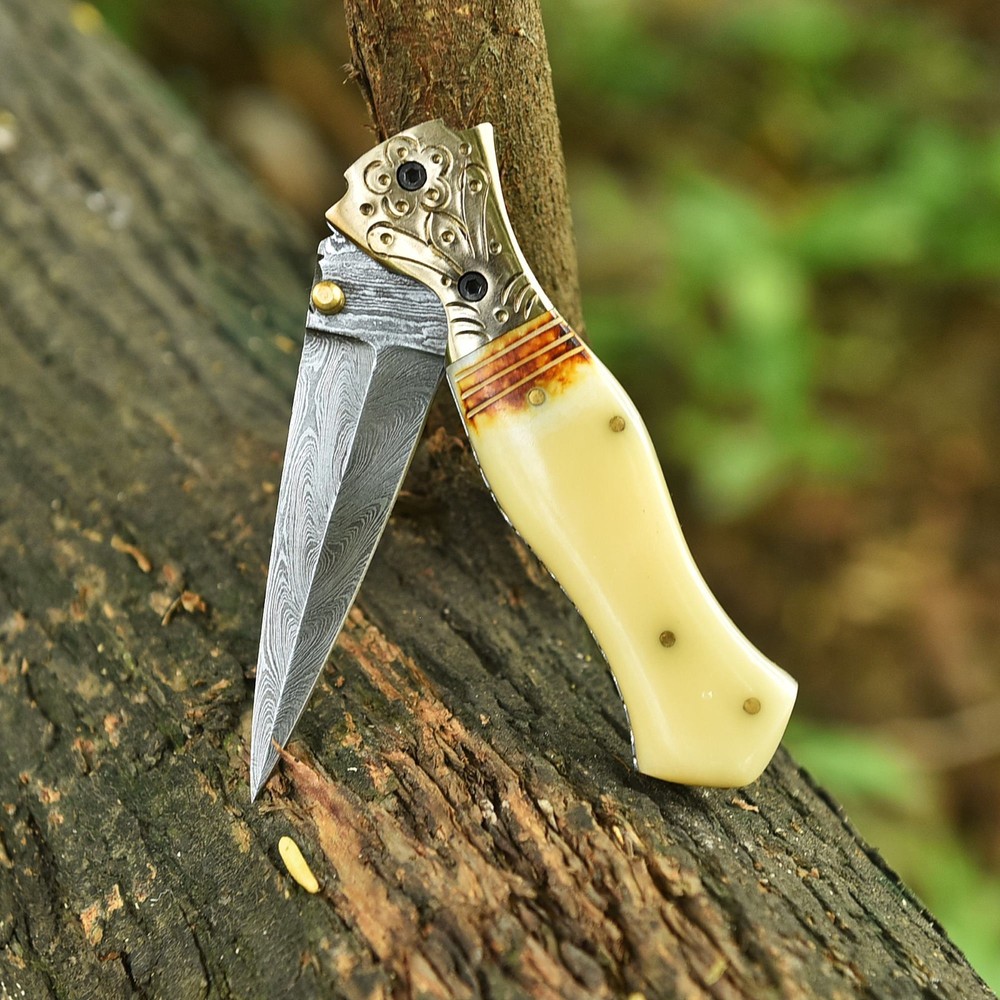 Damascus Folding Double edge Blade Pocket Knife - Dagger - Camel Bone Handle