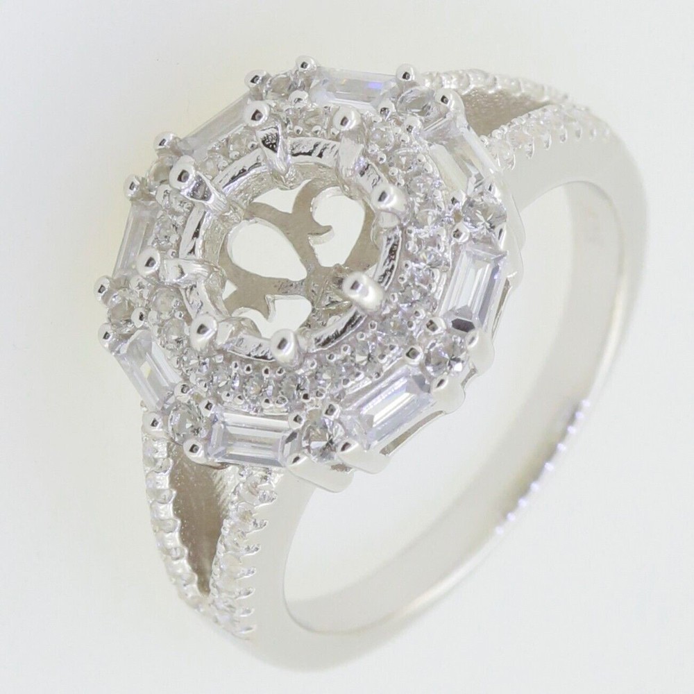 Sterling Silver Semi Mount Ring Setting RD 8x8mm W/ White Topaz Split Shank