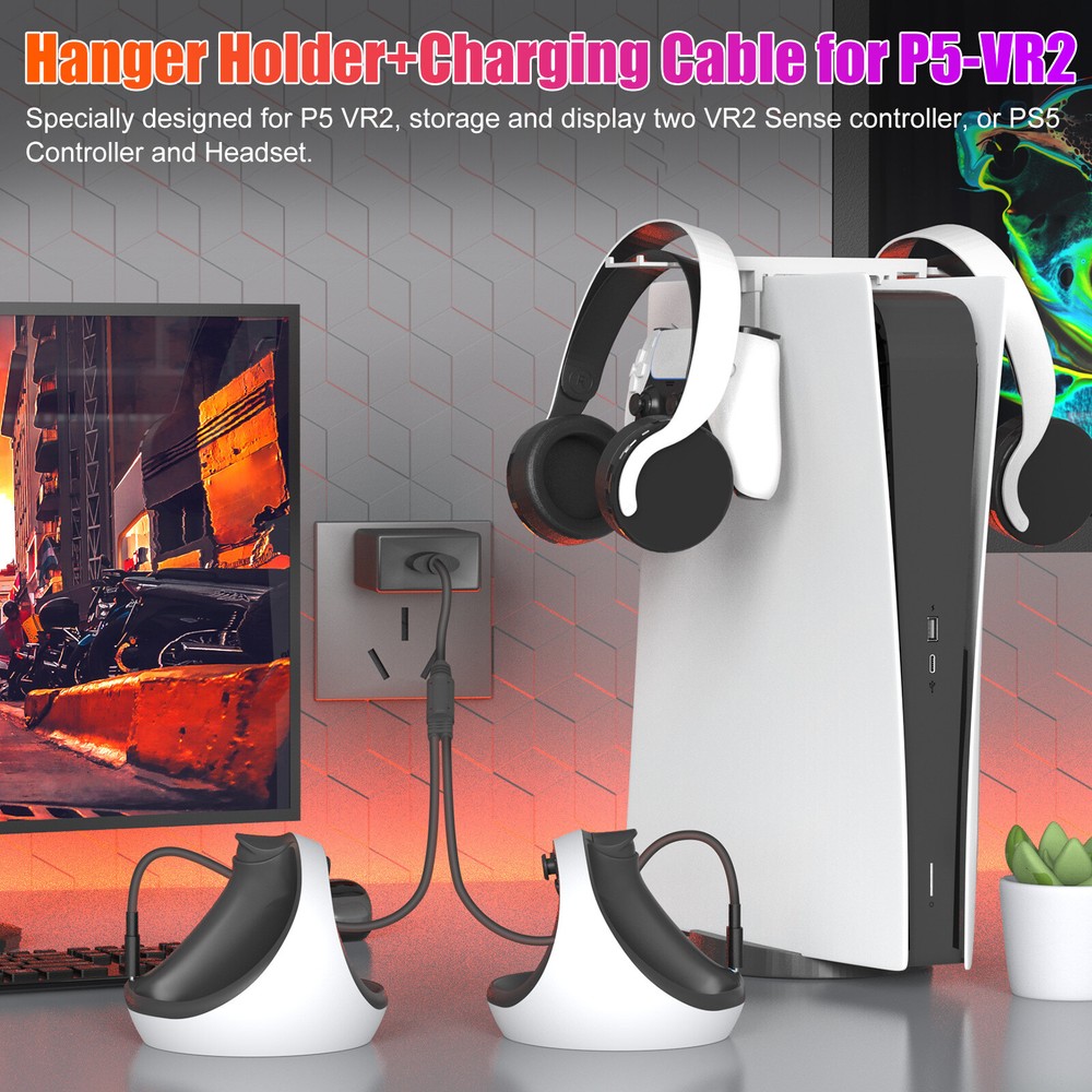 2in1 Charging Cable +Gaming Headset Holder for PS VR2 PS5 Controller Accessories