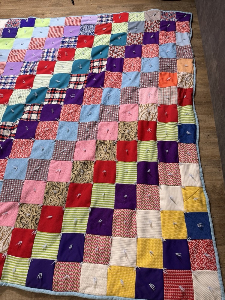 Handmade Rag Quilt Patchwork Tied Multicolor 87x75” Cotton Throw Bedspread