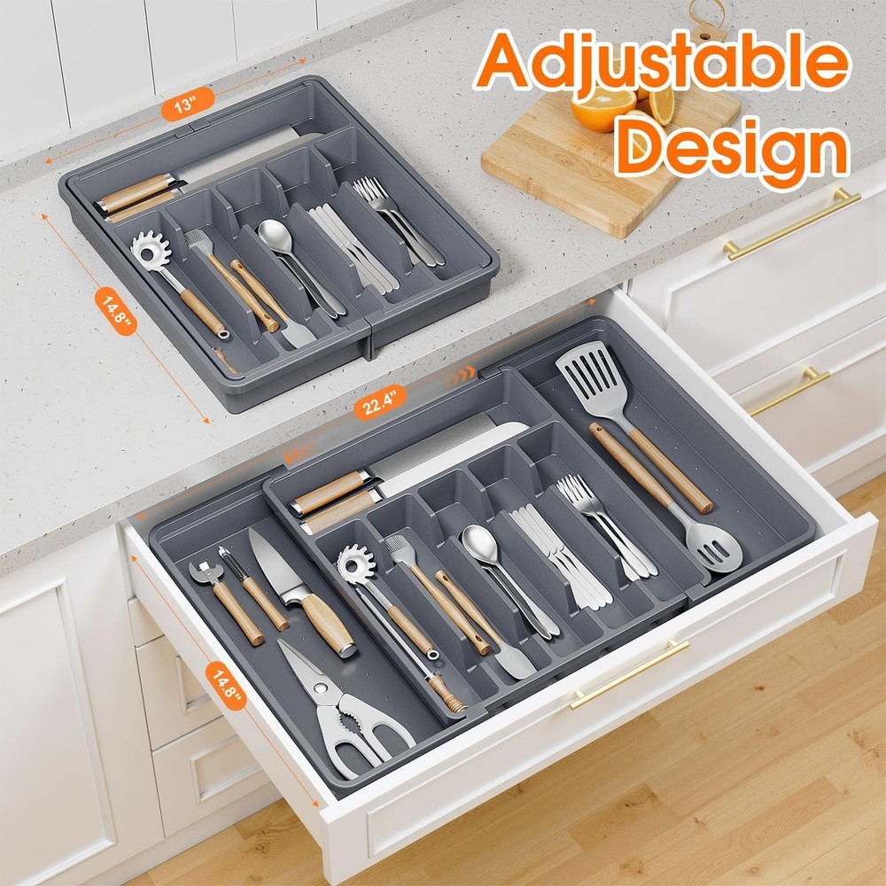 SpaceHacks Silverware Organizer，Adjustable & Expandable Utensil Large, Grey