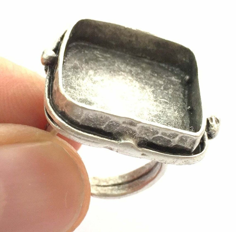 Square Signet Adjustable Ring Blank Base Hammered Antique Silver Plated Brass