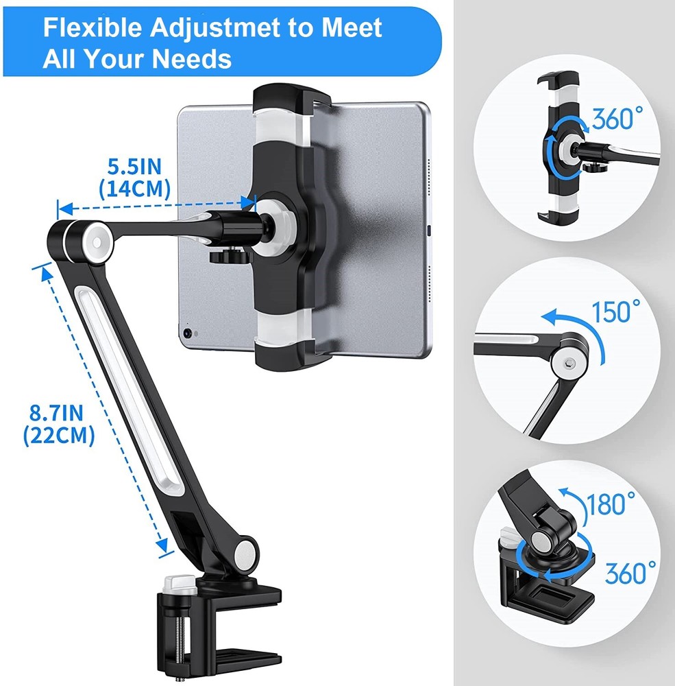 Adjustable Long Arm Clamp Tablet Stand Desktop Mount Smartphone 360 Rotation