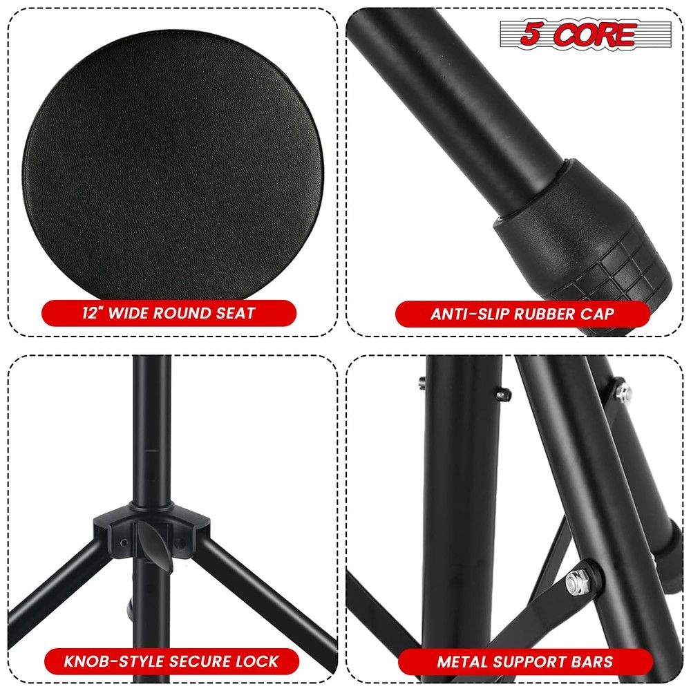 5 CORE Drum Throne 3 Inch Padded Comfortable Guitar Adjustable Height, Black