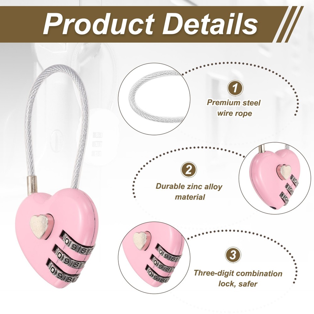 1-Pack Combination Padlock, 3 Digit Heart Shaped Cable Luggage Lock [Pink]