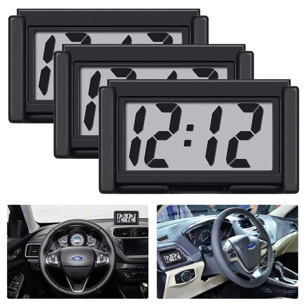 3PCS Small Digital Clock Mini Car Clock Mount Watch Desktop with Date Mountab...