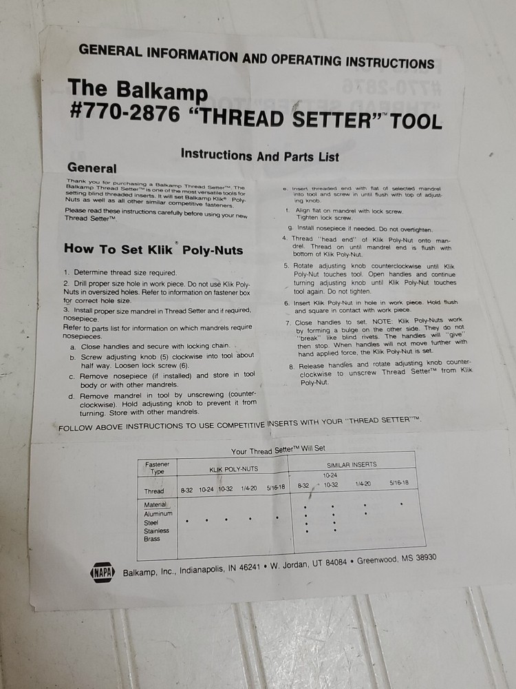 MARSON 7702876 Thread Setter Tool NAPA BALKAMP 770-2876 for Klik Poly-Nuts USA