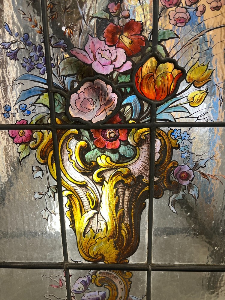 Painted and fired floral stained glass window
