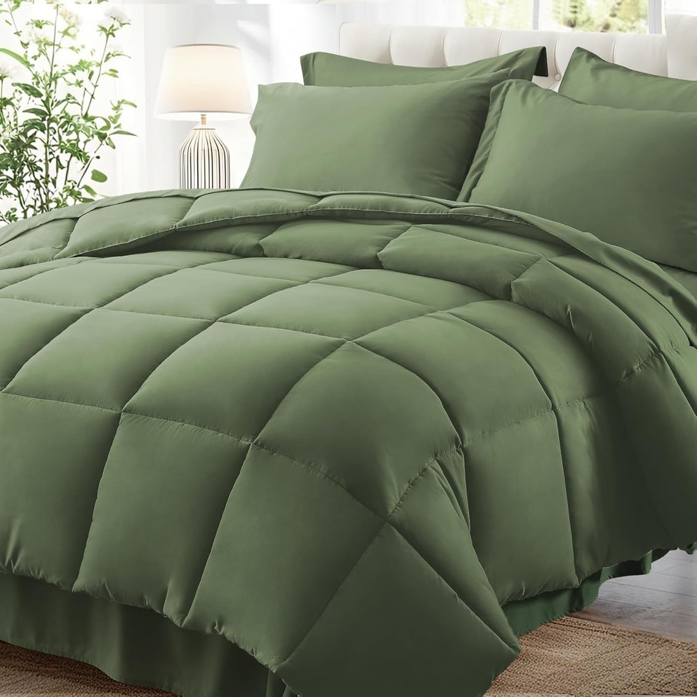 7-Piece Olive Green Queen Comforter Set - Cozy & Contemporary Bedding Solution
