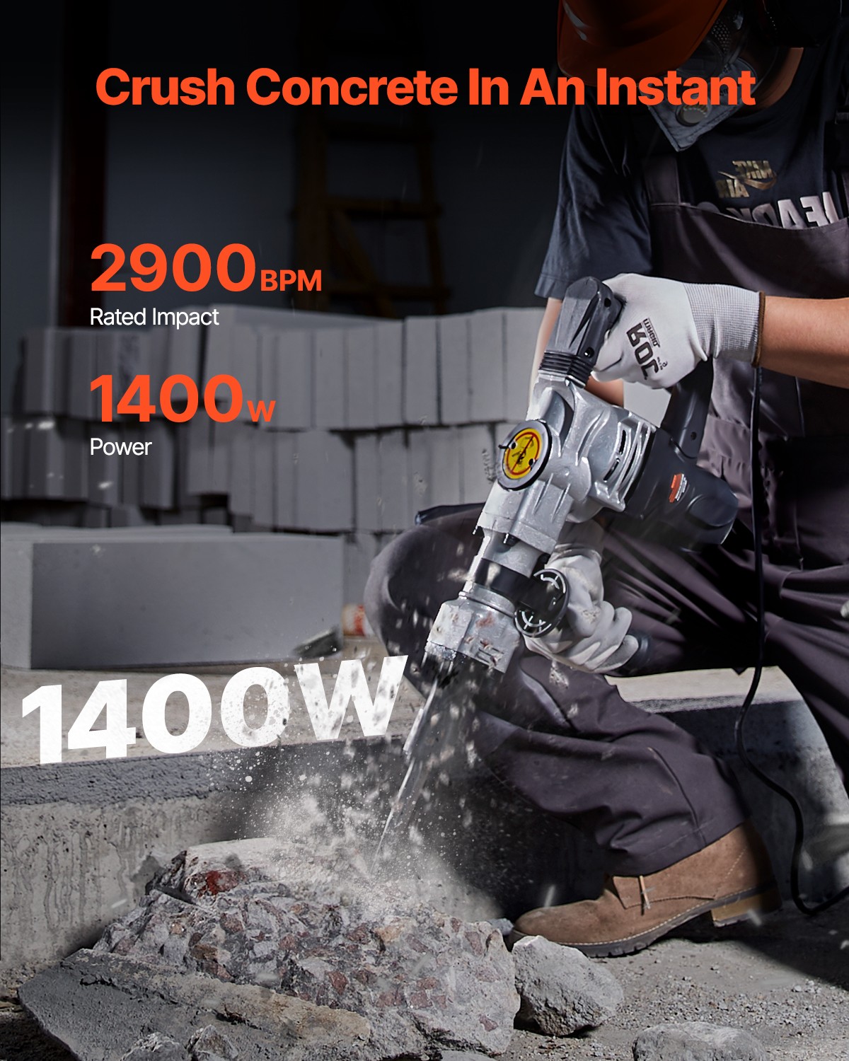 VEVOR Demolition Jack Hammer Concrete Breaker 1400W Hammer 2 Chisel Bit Black