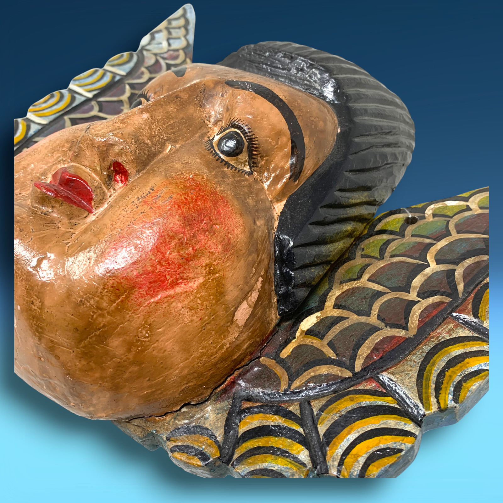 Vtg Mexico Guerrero Carved Wooden Winged Angel Cherub Folk Art Wall Primitive