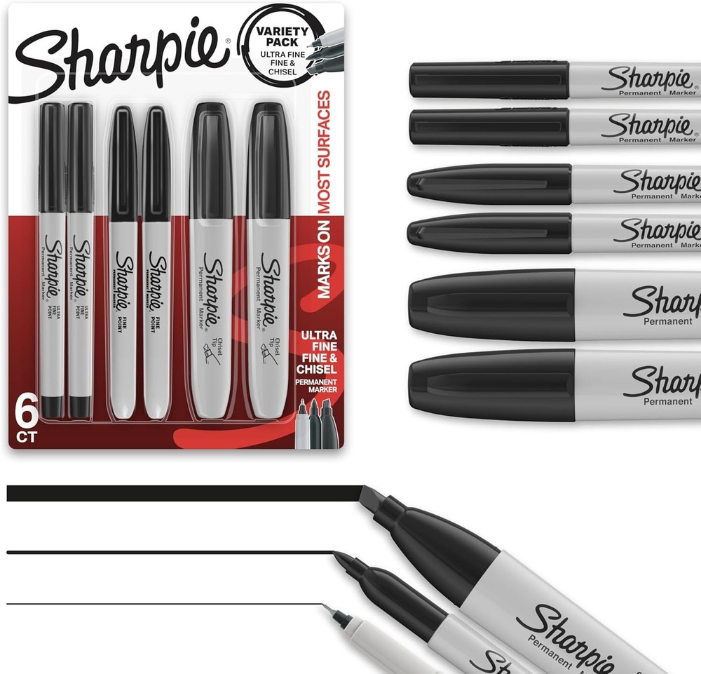 All-Ages Permanent Marker Variety Pack - 6 Black Markers with Multiple Tip Sizes