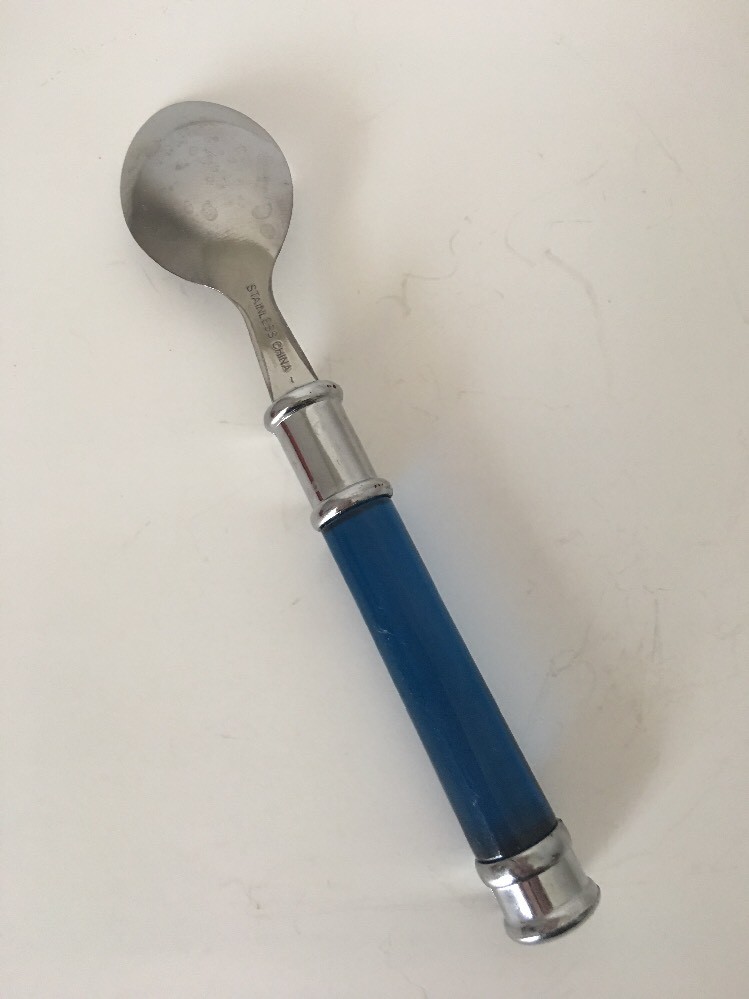 Stainless BLUE Cylinder Plastic Handle Silver Tip TEASPOON 6.75”