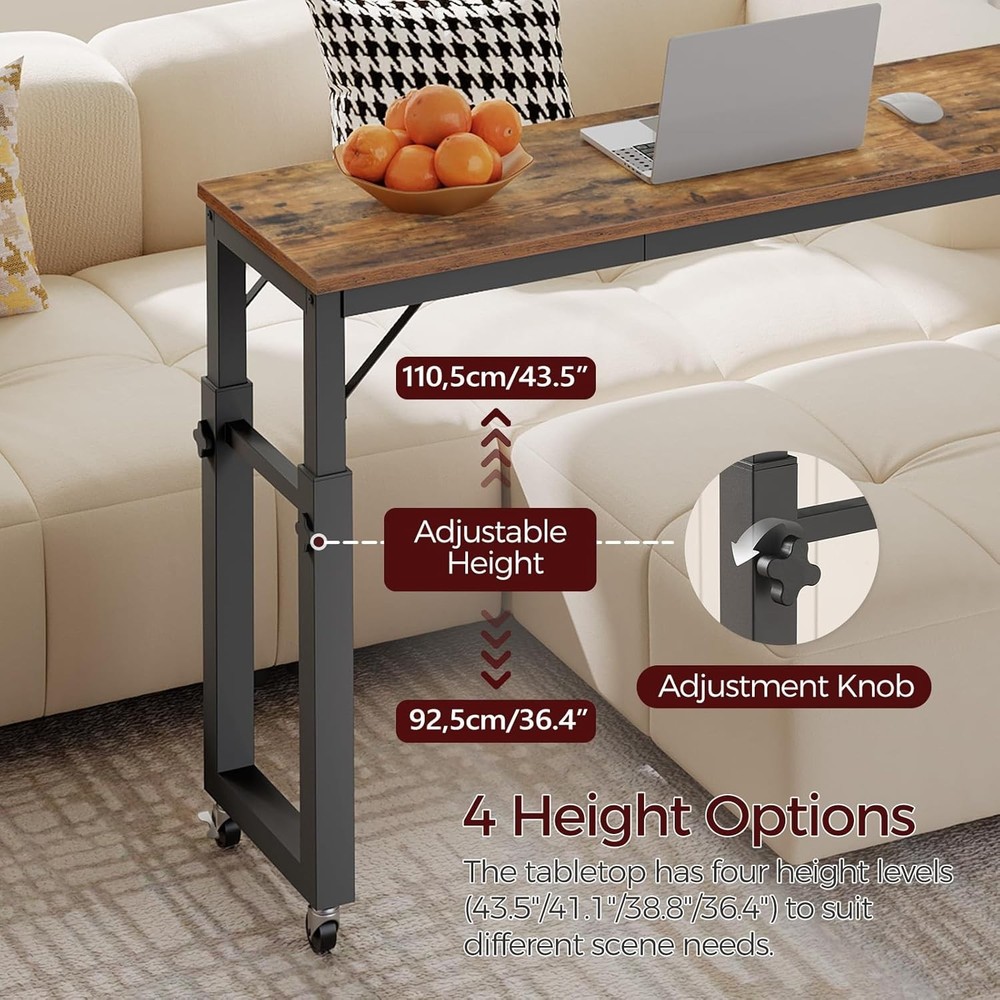 Overbed Table W/ Wheels Queen Size Mobile Bed Desk W/ Adjustable Height Rolling