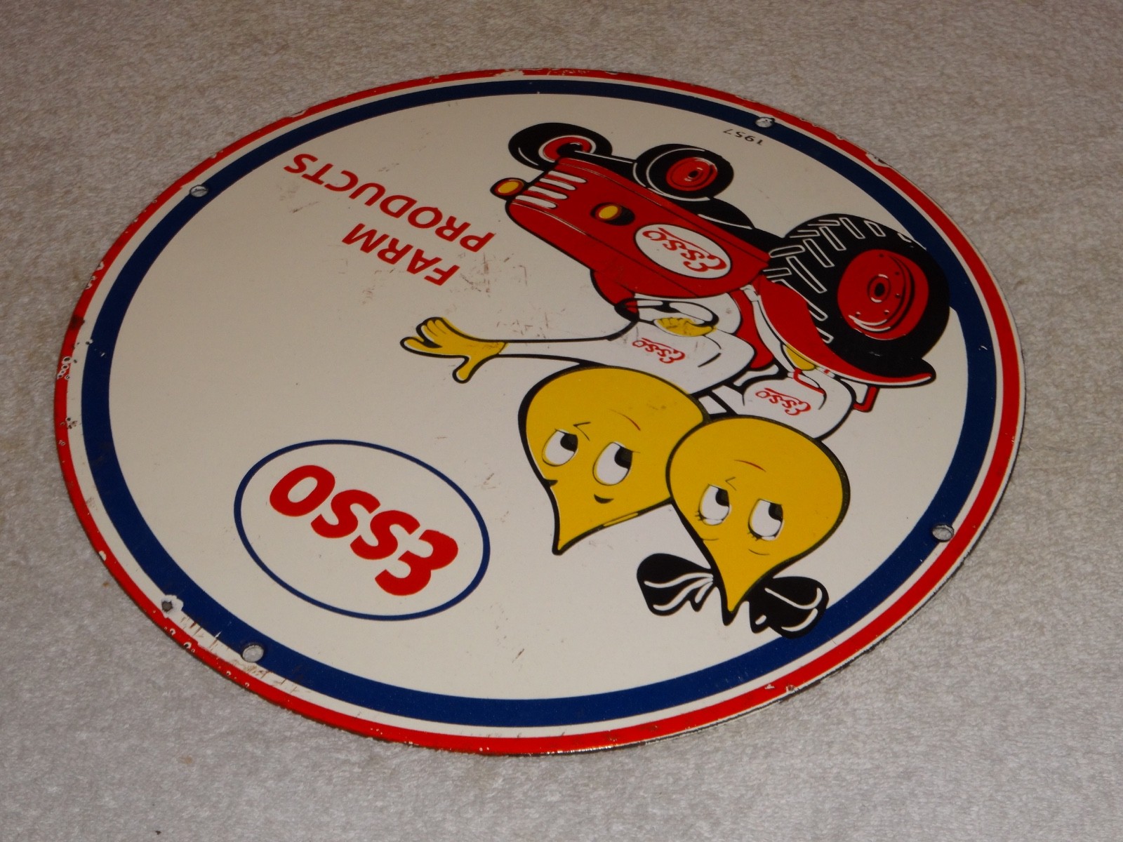 VINTAGE 1957 ESSO FARM OIL DROP BOY GIRL 11 3/4" PORCELAIN TRACTOR GASOLINE SIGN