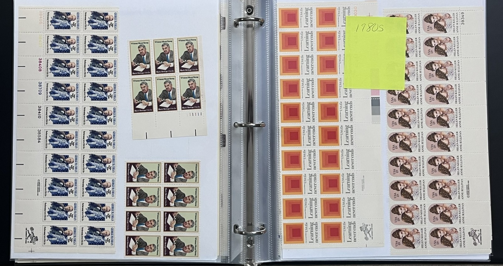 US PLATE BLOCKS, SHEETS, STRIPS, BLOCKS IN 3-RING BINDER, MNH FACE $180, LOT#93