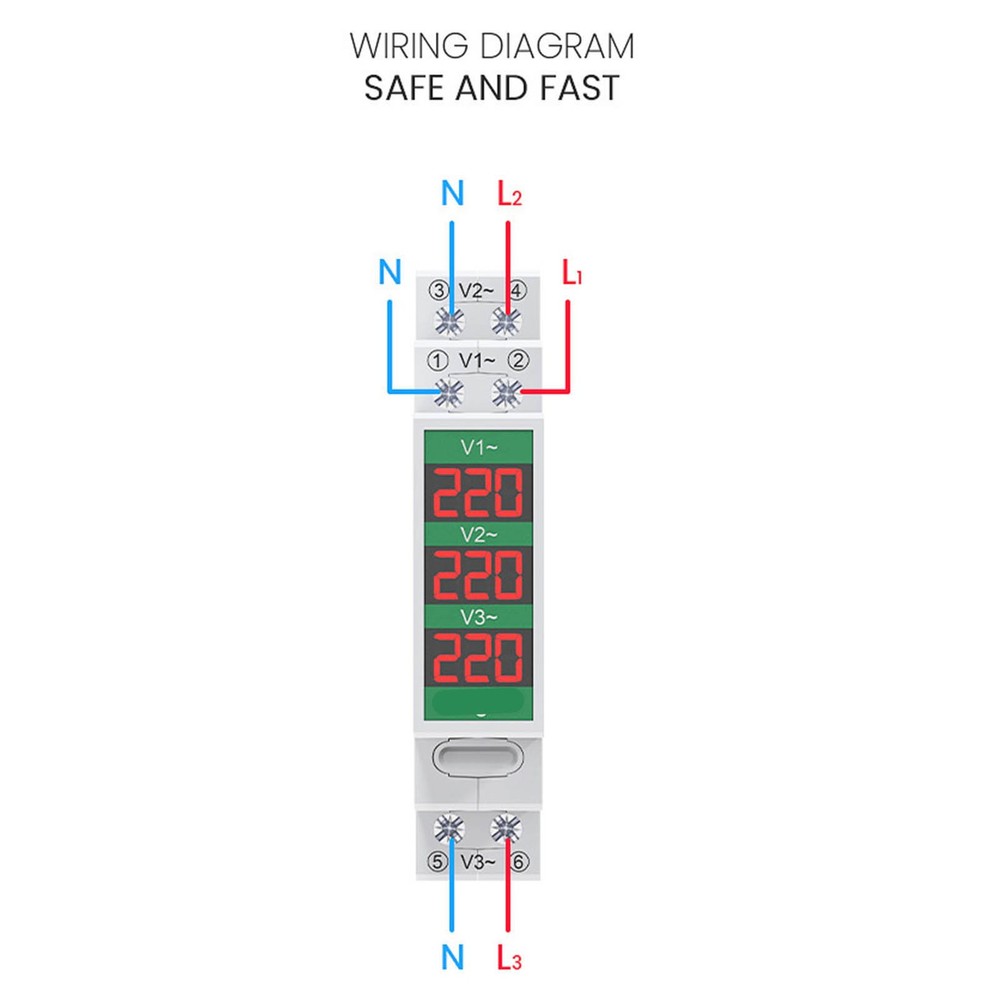 3-Phase AC Voltmeter Din Rail Mount Digital Voltage Meter Electric Power Meter