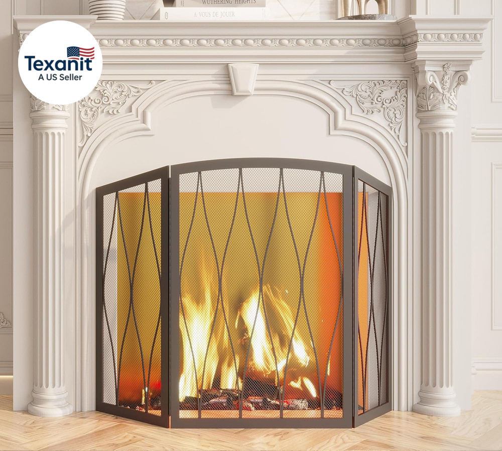 Childproof Fireplace Screen 3- Panel Modern Handcrafted Wrought Iron Foldable Me