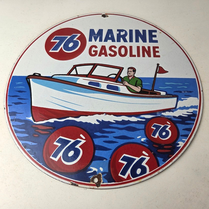 Vintage Union 76 Gasoline Sign - Porcelain Marine Gas Service Pump Sign